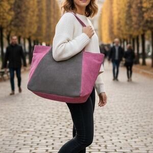FH Wadsworth New York Pink Gray Suede Travel Office Academia Western Tote Bag